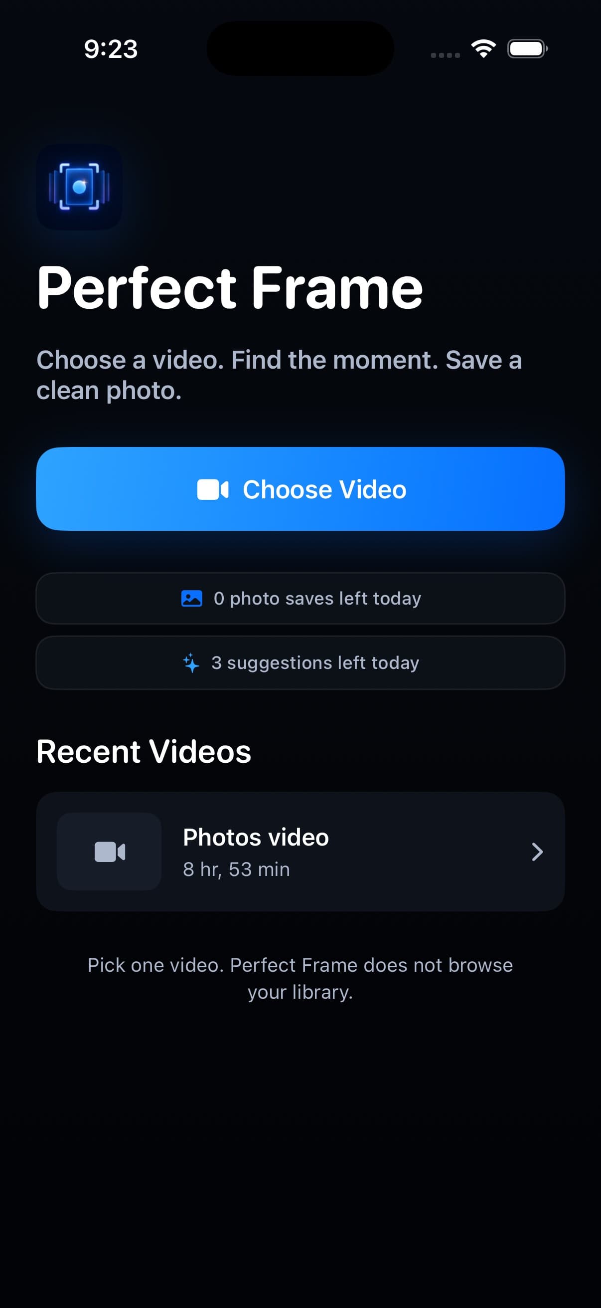 Perfect Frame running on iPhone, ready to choose a video
