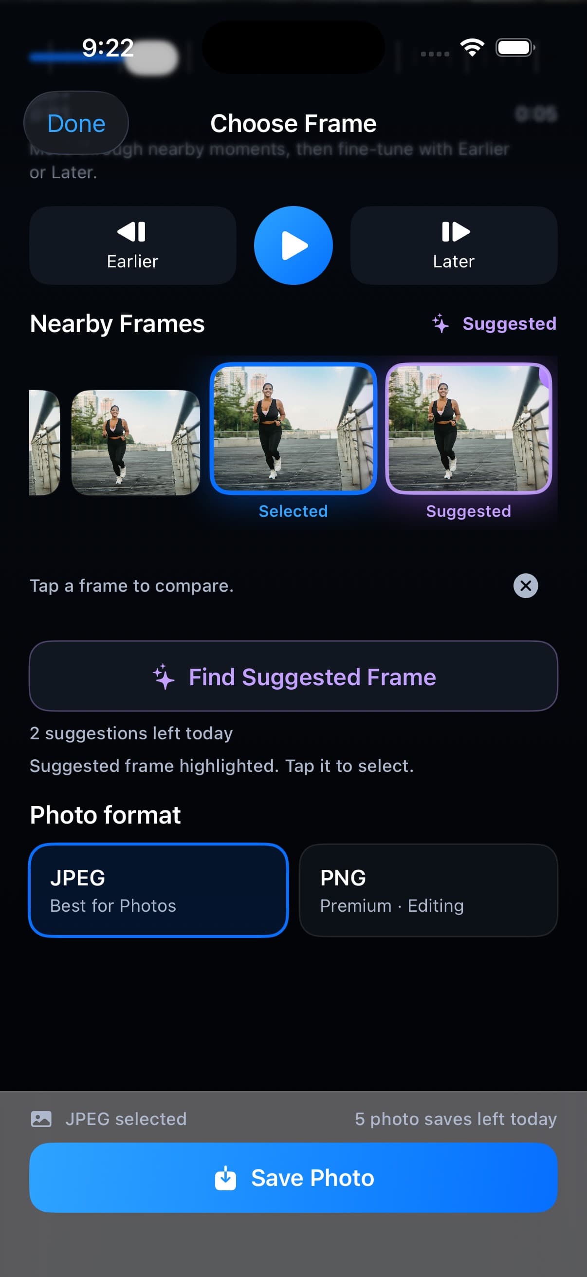 Perfect Frame running on iPhone with a suggested nearby frame highlighted